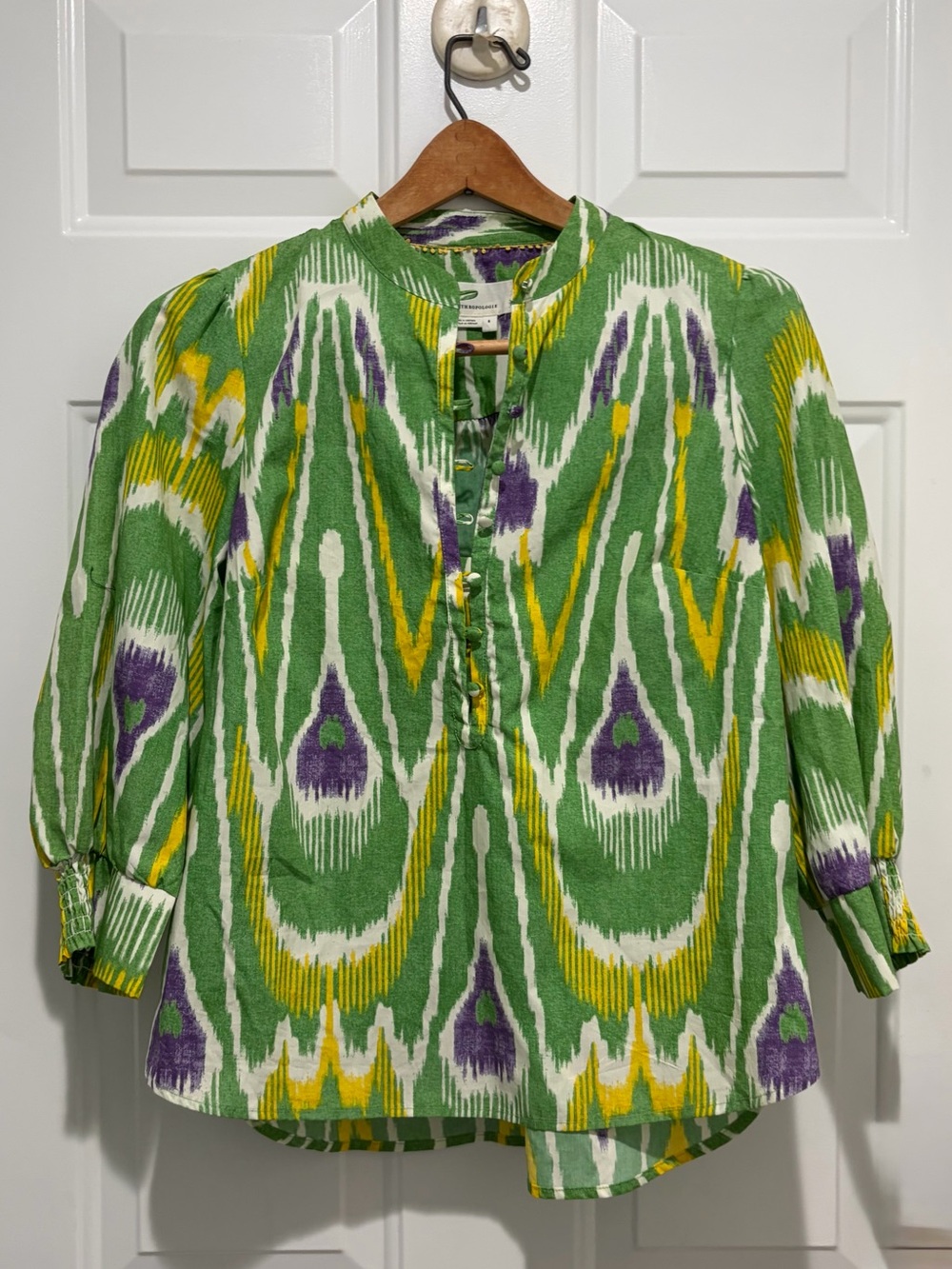 Anthropologie Green Sharona Henley Ikat-Patterned Blouse, Small